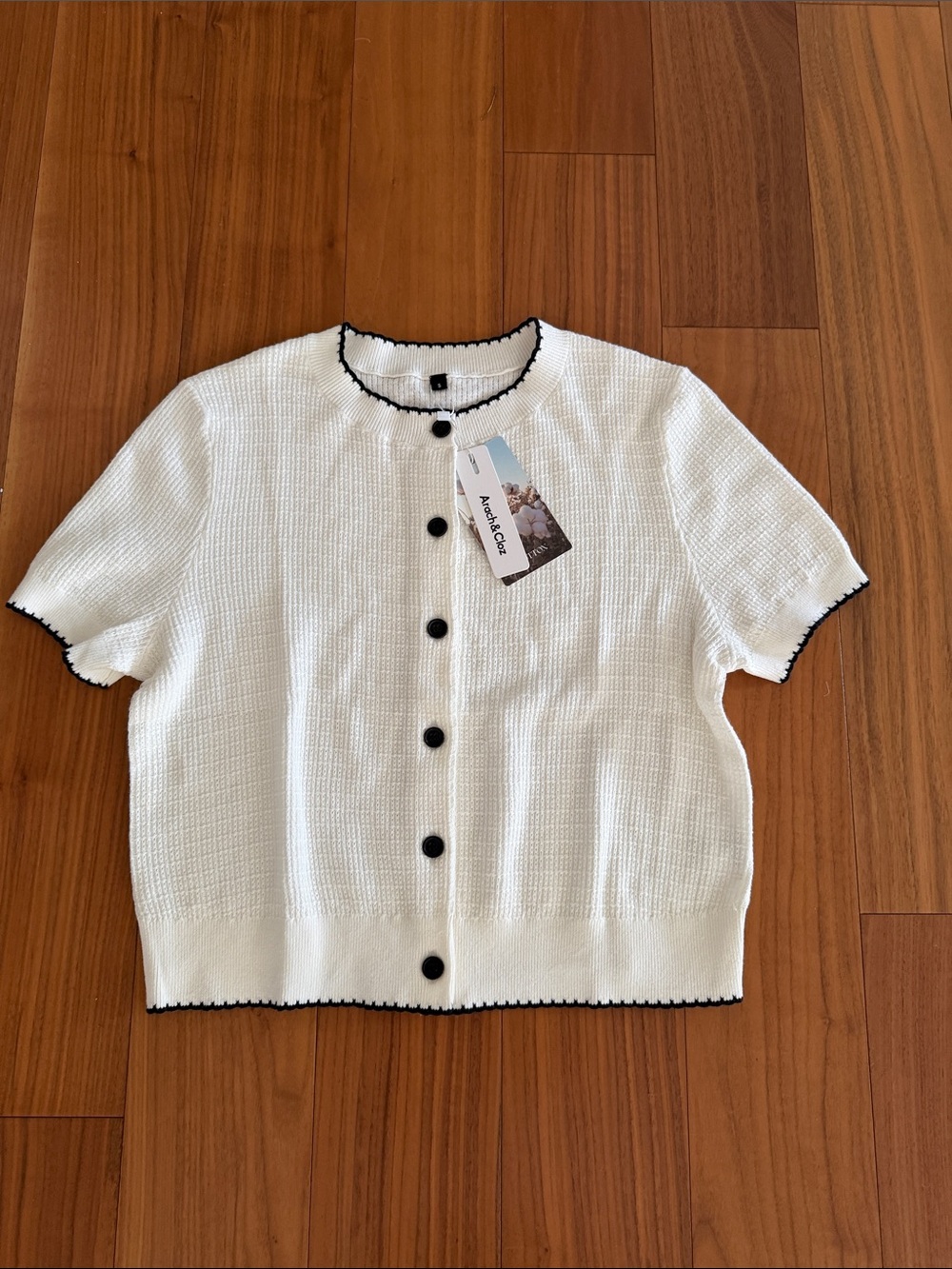 Short-Sleeve White Button-Down Cardigan with Black Trim